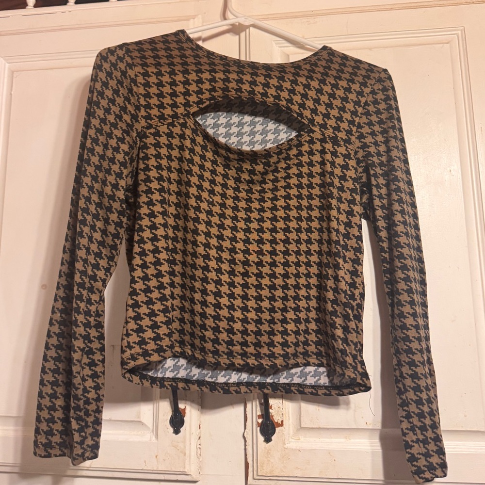 Chic Nation Black and Brown Houndstooth Blouse